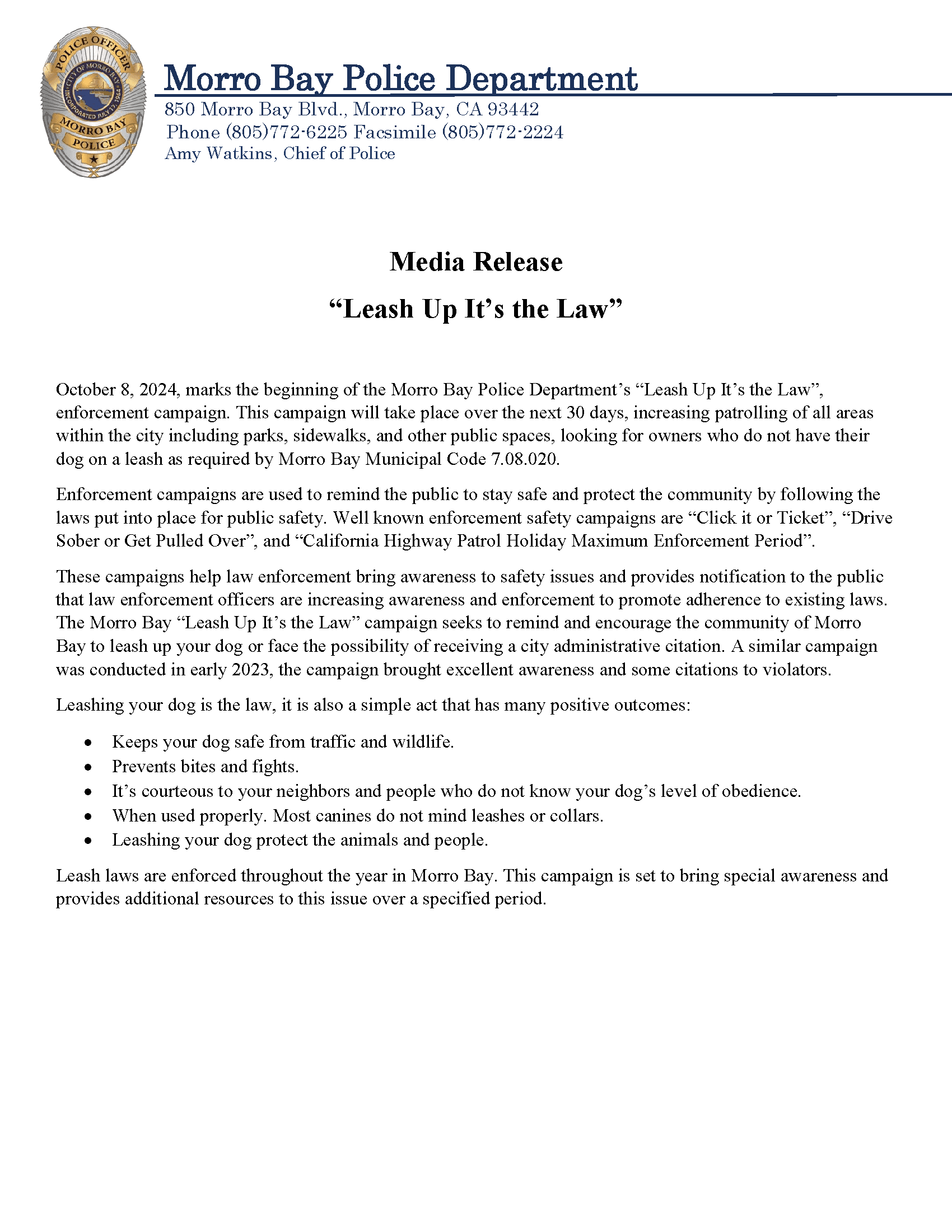 Press Release - Leash Enforcement Campaign
