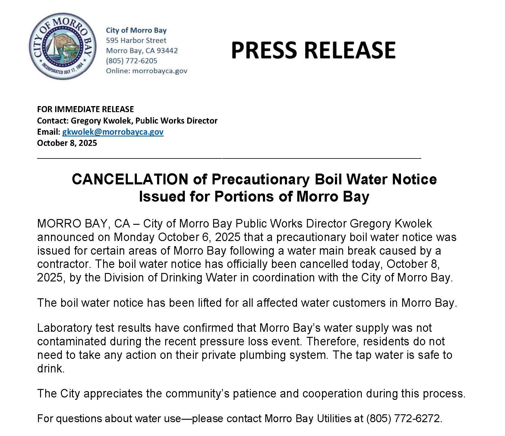 Press Release Cancel Boil Water Notice 25.10.08