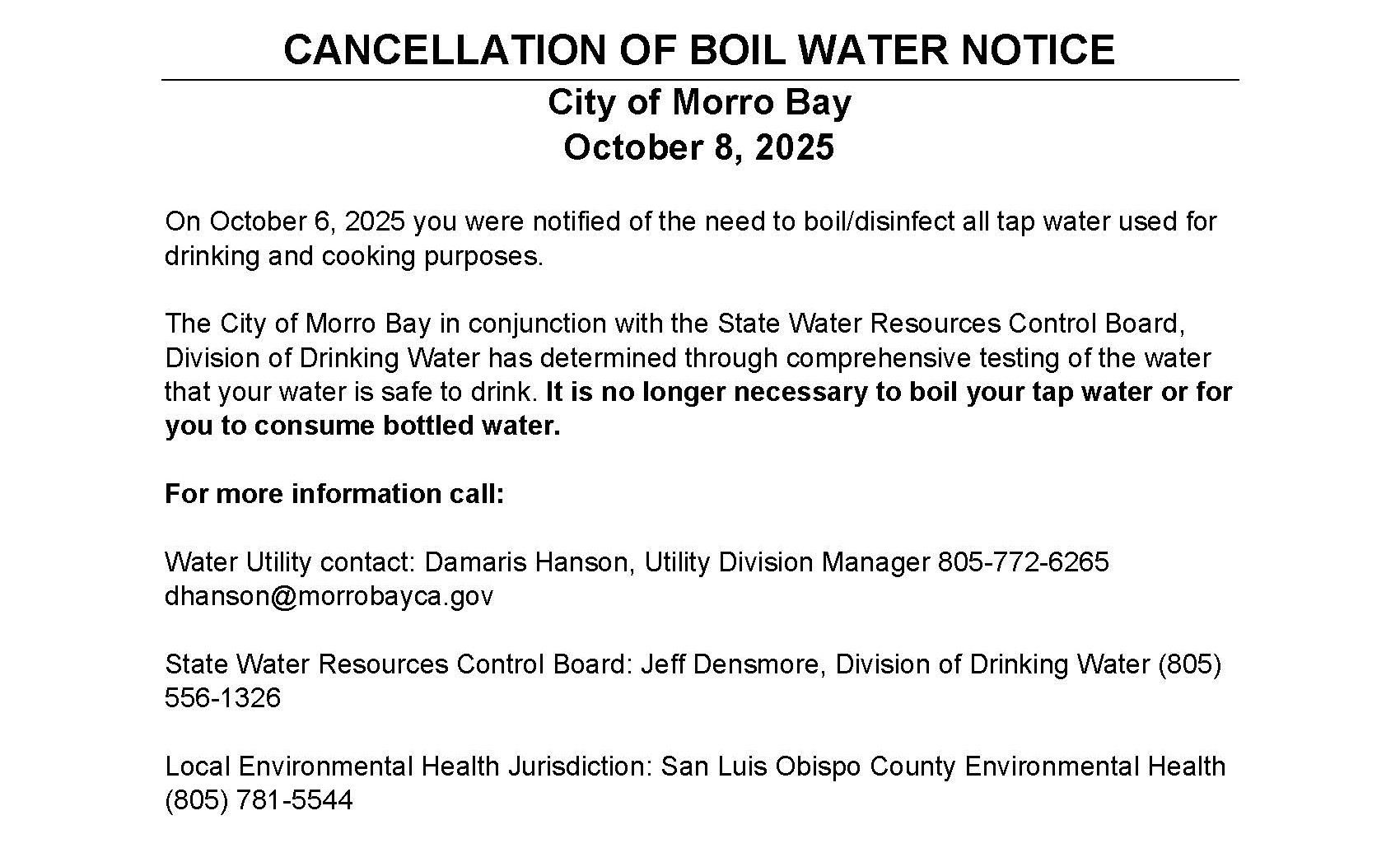 Cancellation Boil Water Notice 22.10.08
