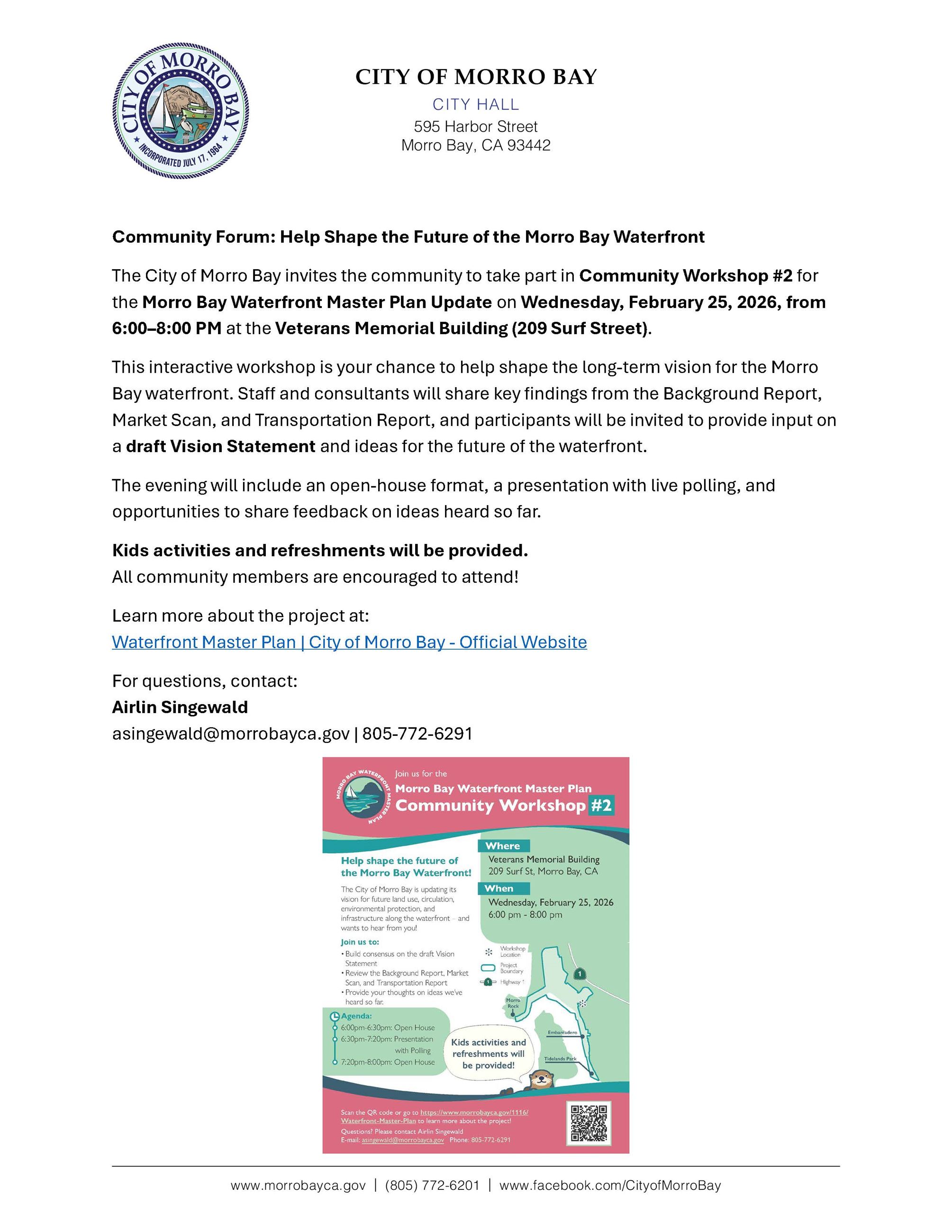 Invitation to second Community Workshop for the Waterfront Master Plan